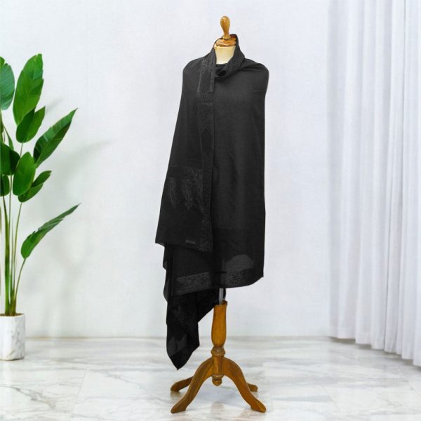 Self Embroidered Pure Malai Lawn Summer Shawl - Ankh Border - All Black